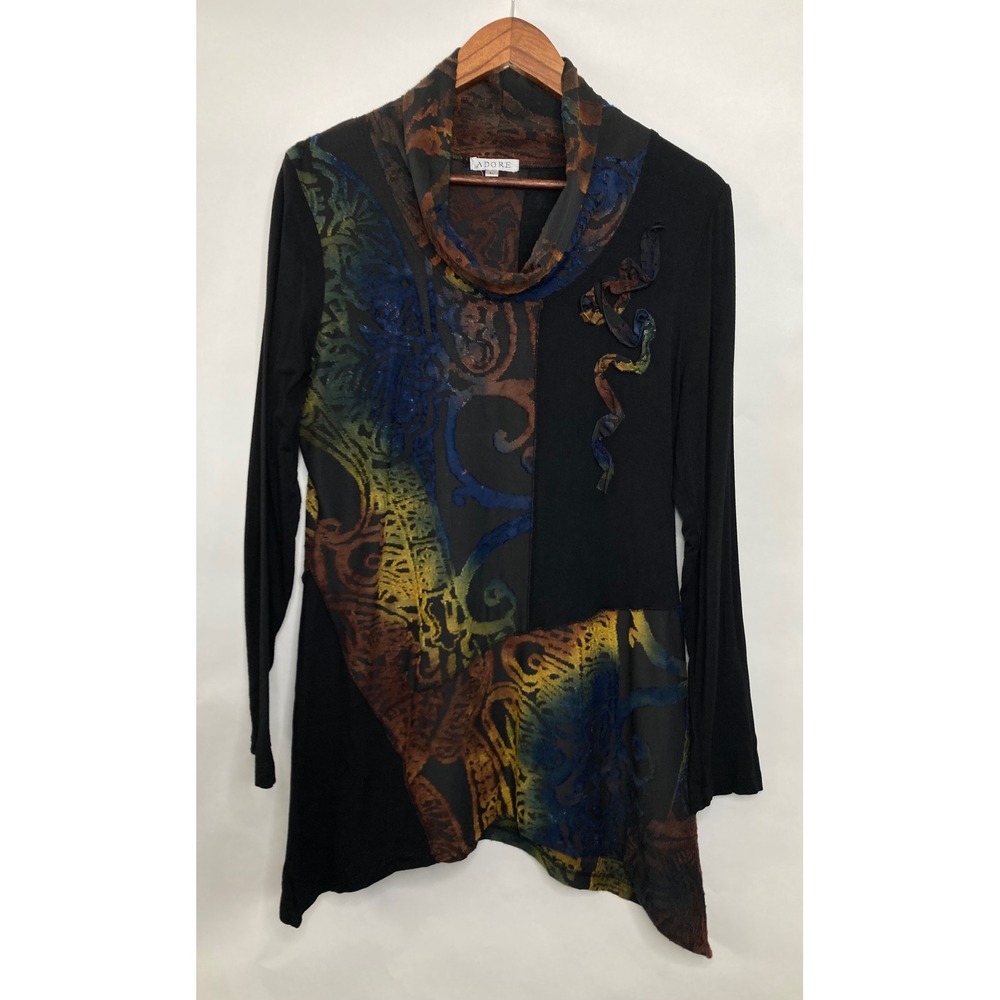ADORE Cowl Neck Tunic Top Womens L Artsy Print Asymmetrical Hem Long Sleeve Boho